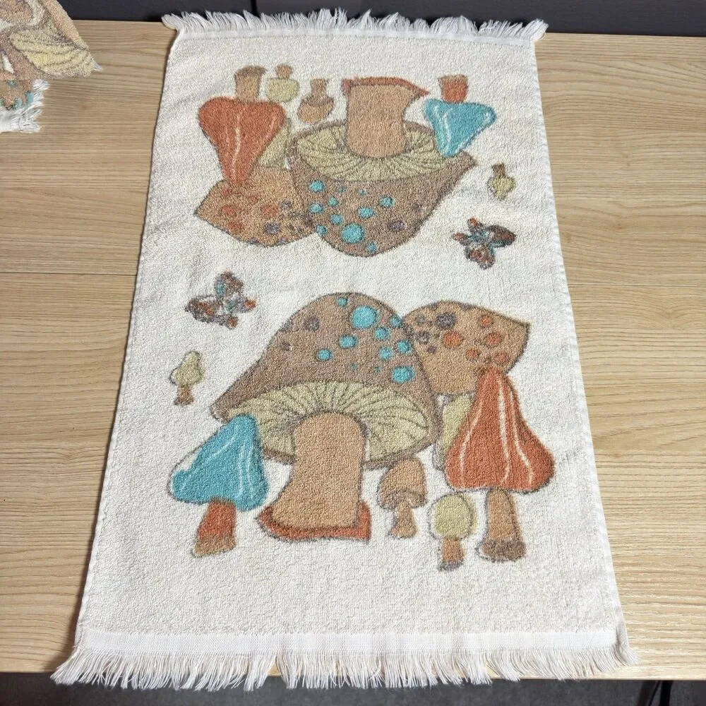 Vintage 1970's Cannon Merry Mushroom & Butterflies Hand Kitchen Towel Lot Of 3